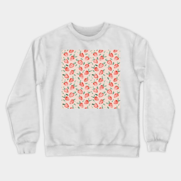 Watercolor painting of tropical strawberries on light pink background Crewneck Sweatshirt by marufemia